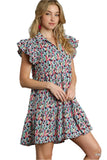 Abstract Ruffled Sleeve Tiered Short Dress