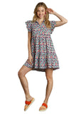 umgee Abstract Ruffled Sleeve Tiered Mini Dress