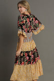 Mixed Floral Print Bohemian Midi Dress, Black