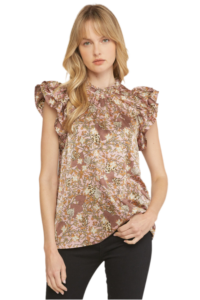 Floral & Leopard Ruffle Top, Mauve