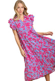 Umgee Two Tone Floral Print A-Line Midi Dress, Orchid