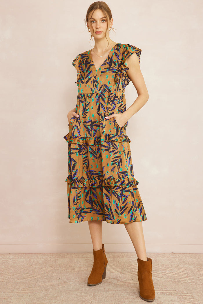Entro Usa Ruffled Pocket Printed Midi Dress