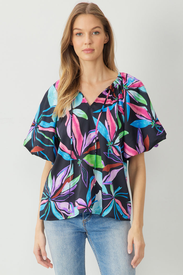 entro USA Floral Bubble Sleeve Blouse