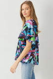 Floral Bubble Sleeve Blouse, Black