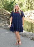 Eyelet Embroidered Dress, Navy
