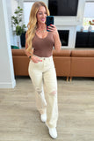 Selena High Rise Distressed 90's Straight Jeans, Bone