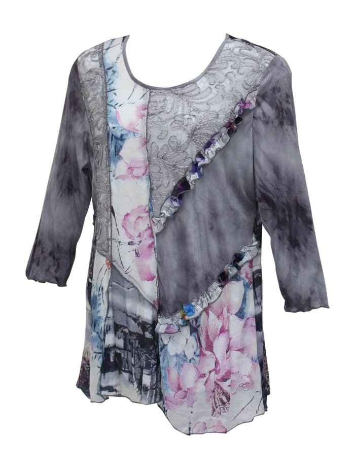 LV Collection Plum Floral & Ruffle Tunic Top