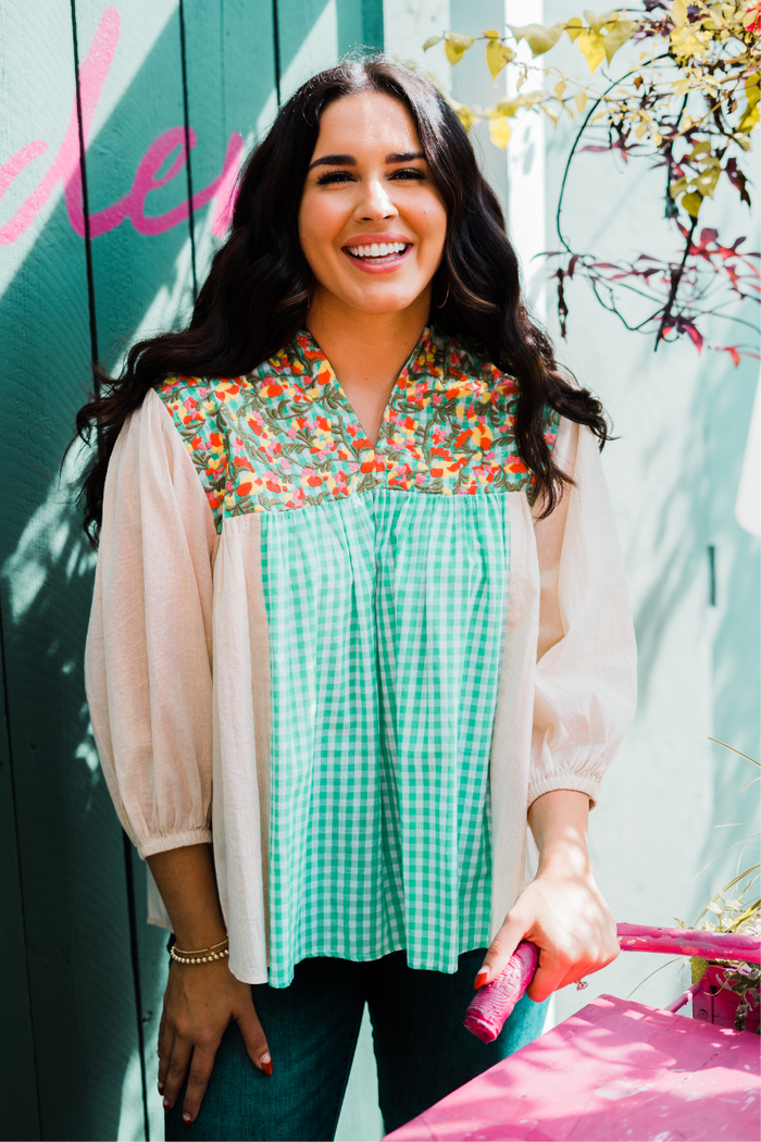 Layerz FLORAL embroidered and gingham top