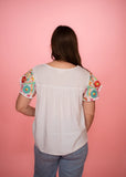Embroidered Shimmer Butterfly Sleeve Top, White
