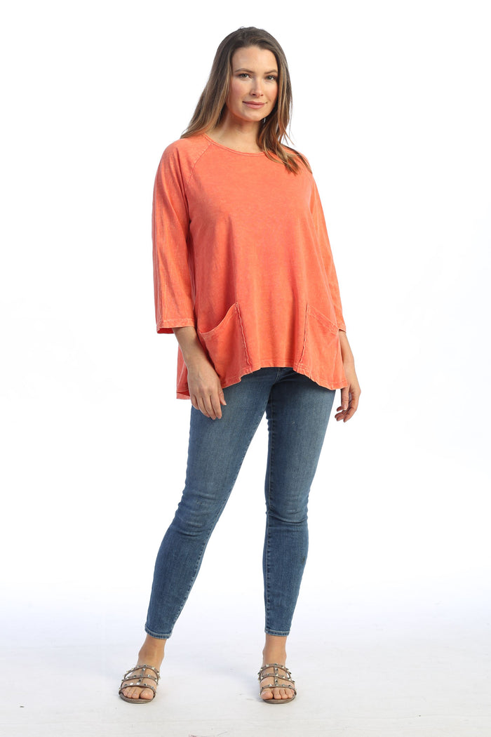 Jess & Jane Watermelon Mineral Washed Patch Pocket Cotton Top