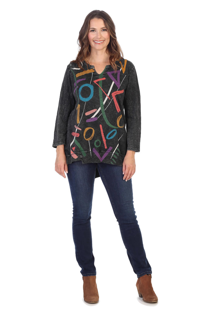 Jess & Jane Highlight Mineral Washed Slub Cotton Split V-Neck Tunic Top