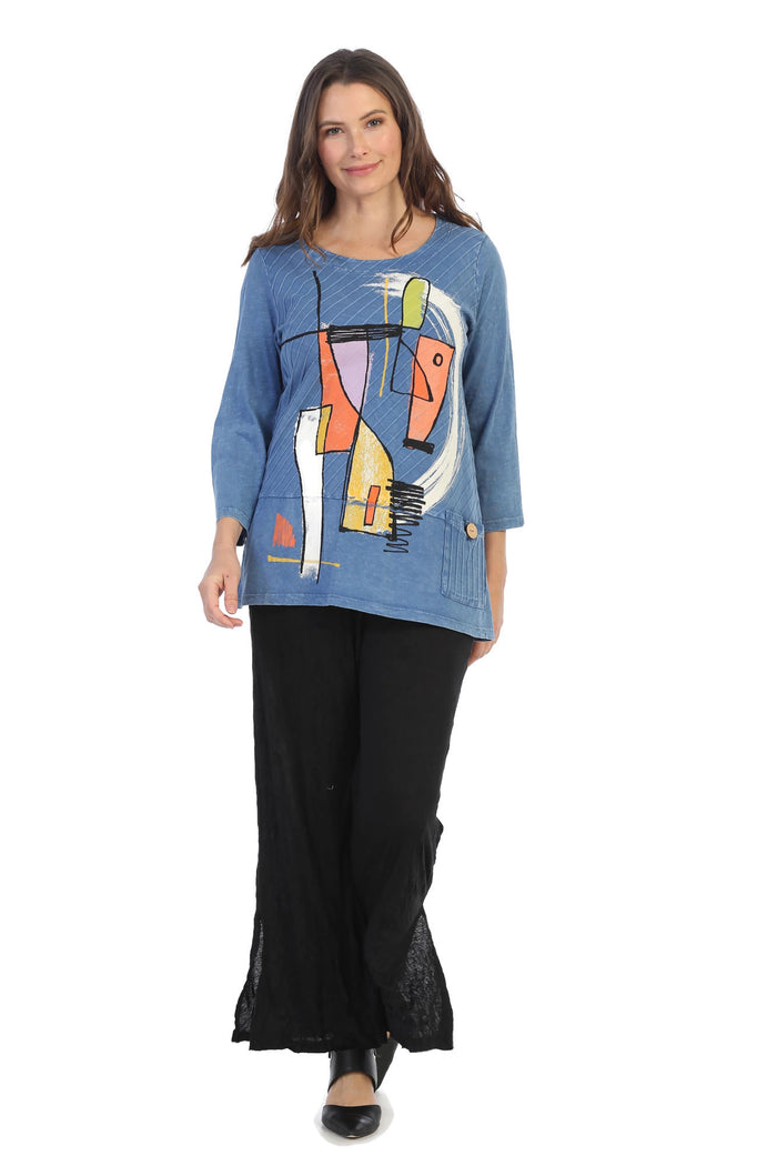 Jess & Jane Modern Art Mineral Washed Wide Rib Contrast Tunic