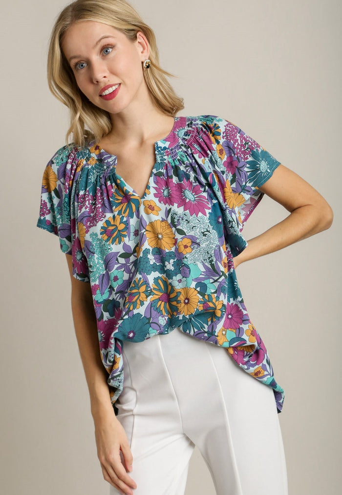 umgee Floral Split Neck Top, Jade