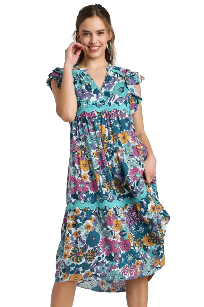 umgee floral print ric rac midi dresws