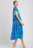 Two Tone Floral Print Tiered Dress, Azure