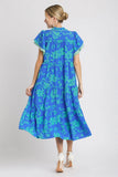Two Tone Floral Print Tiered Dress, Azure