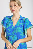 Two Tone Floral Print Tiered Dress, Azure