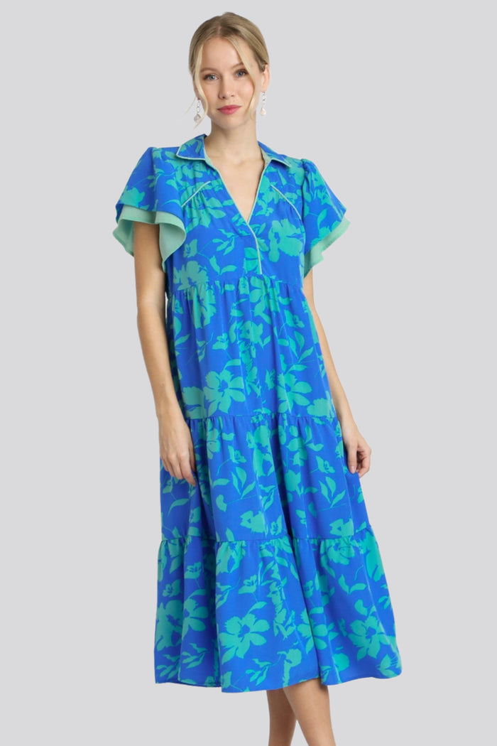 Two Tone Floral Print Tiered Dress, Azure