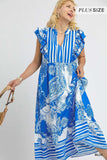 Mixed Print Two Tone Maxi Dress, Blue