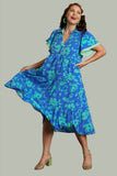 Two Tone Floral Print Tiered Dress, Azure