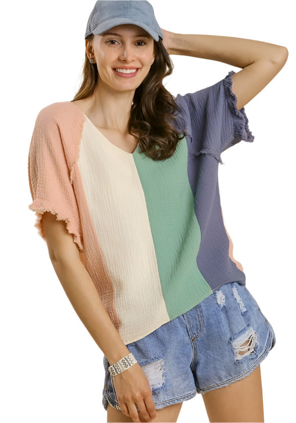 Umgee Color Block Cotton Gauze Short Sleeve top