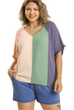 Color Block Cotton Gauze Top, Denim