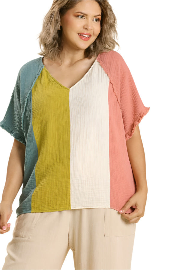 Color Block Cotton Gauze Top, Mint & Peach