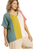 Color Block Cotton Gauze Top, Mint & Peach