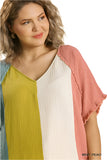 Color Block Cotton Gauze Top, Mint & Peach