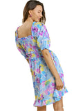 Ruffle & Smocked Floral Dress, Sky