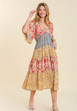 Mixed Floral Print Bohemian Midi Dress, Coral