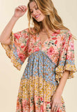 Mixed Floral Print Bohemian Midi Dress, Coral