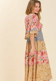 Mixed Floral Print Bohemian Midi Dress, Coral