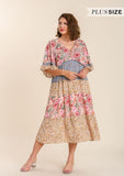 Mixed Floral Print Bohemian Midi Dress, Coral
