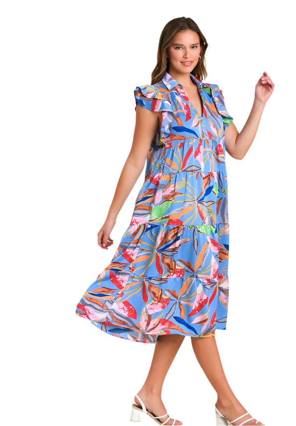 umgee usa Leaf Print Tiered Midi Dress