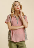 umgee Leopard Trim waffle knit Top