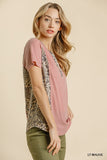 Leopard Trim Waffle Knit Top, Mauve