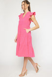 Ruffled Pocket Tiered Midi Dress, Hot Pink