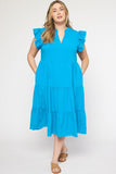 Ruffled Pocket Tiered Midi Dress, Cobalt