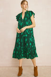 Floral & Leaf Ruffle Midi Dress