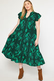Floral & Leaf Ruffle Midi Dress