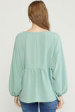 Textured Long Sleeve Babydoll Top, Green