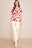 V-Neck Short Sleeve Blouse, Berry Mix