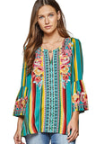 South Beach Striped Embroidered Top, Turquoise