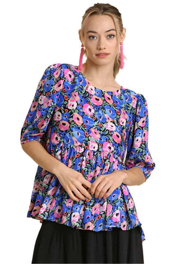 Blue Floral Short Sleeve Top