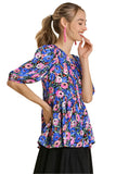 Blue Floral Short Sleeve Top