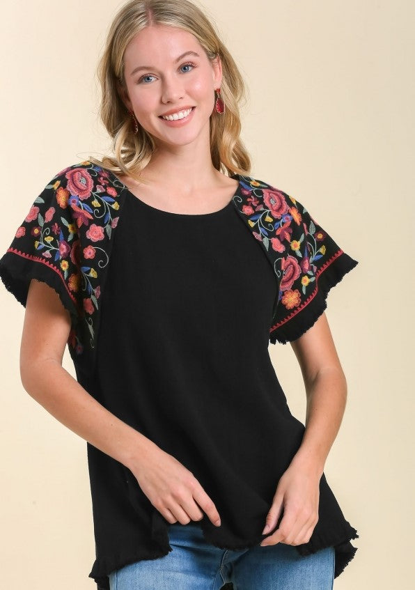 umgee Embroidered Sleeve Frayed Ruffle Trim Top