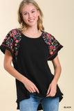 Embroidered Sleeve Frayed Ruffle Trim Top, Black
