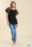 Embroidered Sleeve Frayed Ruffle Trim Top, Black