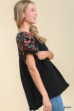Embroidered Sleeve Frayed Ruffle Trim Top, Black